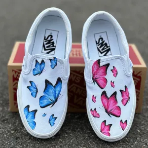 Blue and Pink Butterfly - White Slip Ons - Custom Vans Shoes