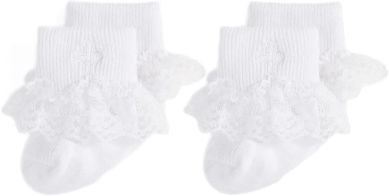 EPEIUS Baby Christening Socks Baby Girls/Boys Turn cuff Baptism Socks with Cross Newborn Infant Toddler