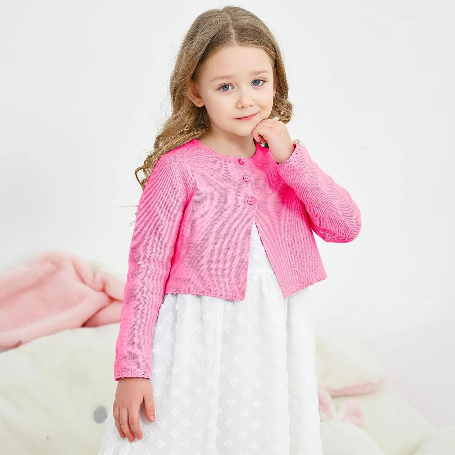 Girls' Long Sleeve Knitted Bolero Cardigan Kids Button Closure Shrug Sweaters Cropped Jacket Cover Up Tops