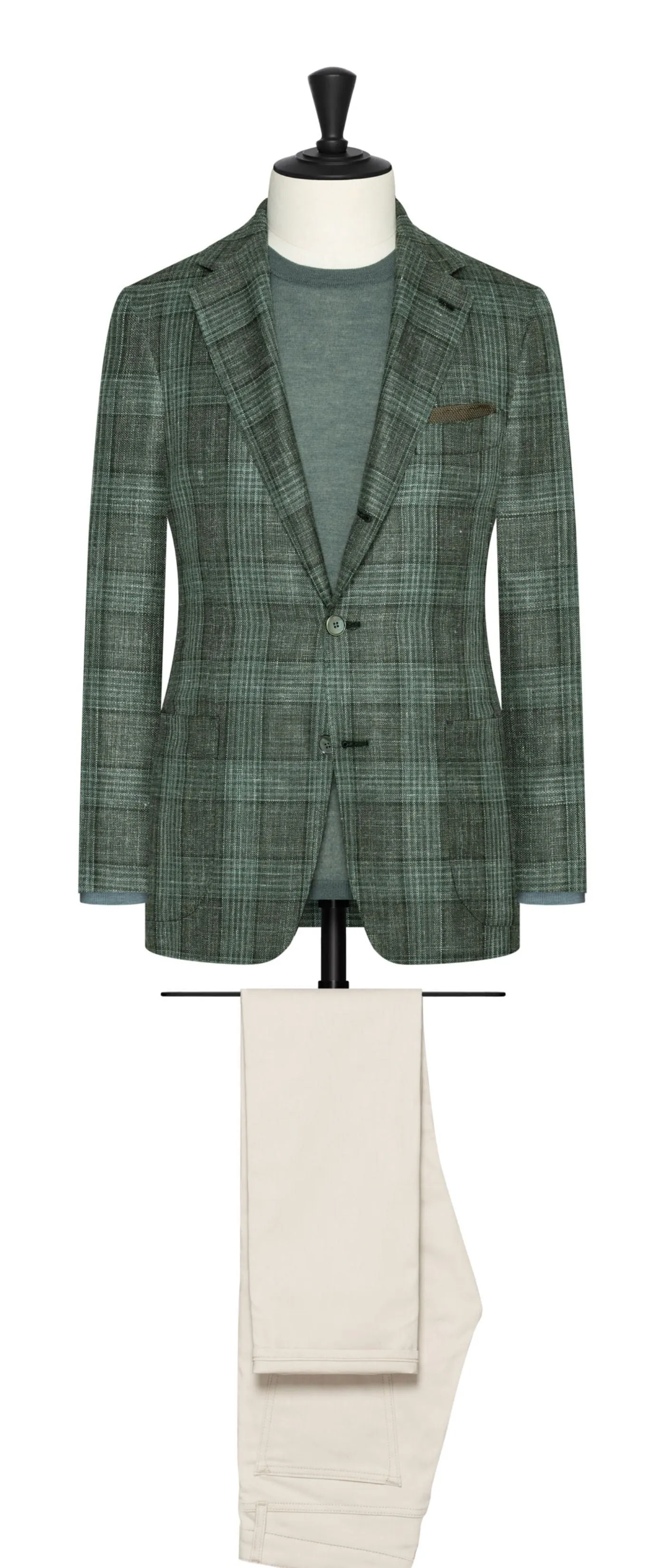 Loro Piana Sage Green Wool, Silk & Linen Check With Tonal Overcheck