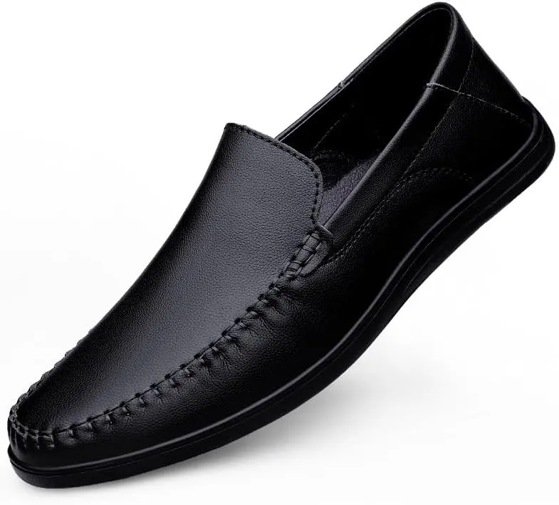 Mens Loafers Round Toe Solid Color Vegan Leather Loafer Shoes Flat Heel Lightweight Anti-Slip Fashion Slip On