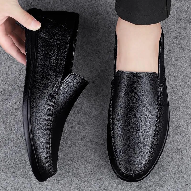 Mens Loafers Round Toe Solid Color Vegan Leather Loafer Shoes Flat Heel Lightweight Anti-Slip Fashion Slip On