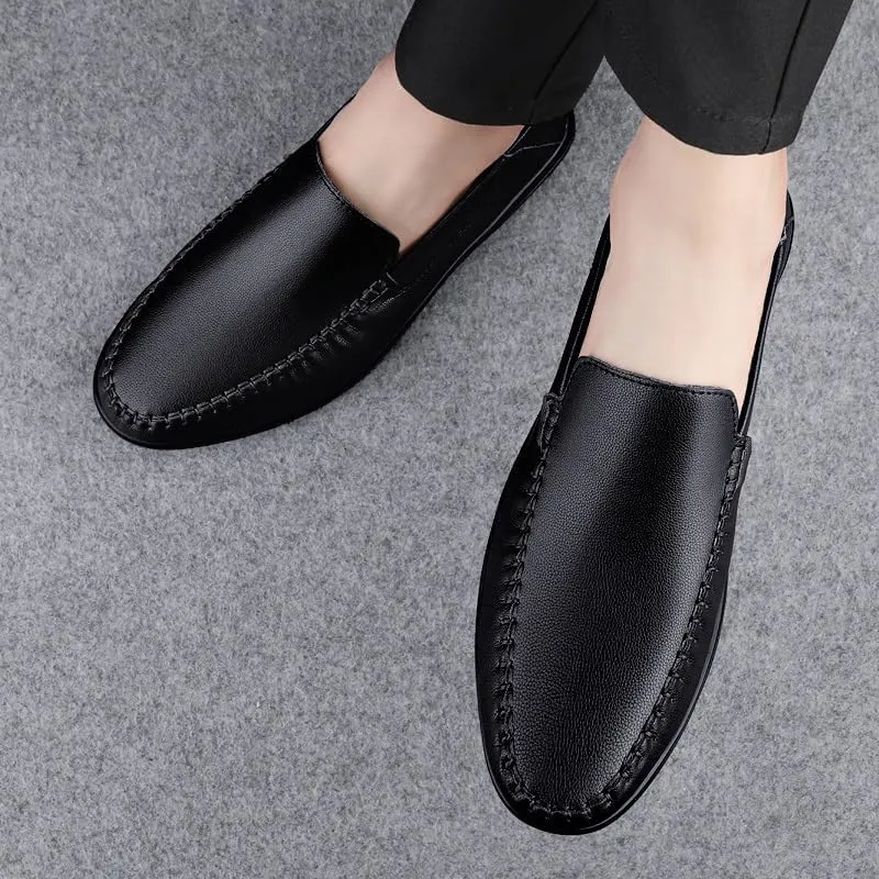 Mens Loafers Round Toe Solid Color Vegan Leather Loafer Shoes Flat Heel Lightweight Anti-Slip Fashion Slip On