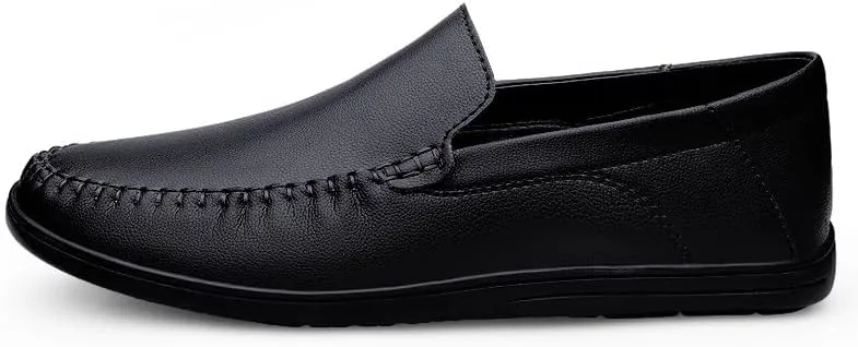 Mens Loafers Round Toe Solid Color Vegan Leather Loafer Shoes Flat Heel Lightweight Anti-Slip Fashion Slip On