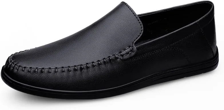 Mens Loafers Round Toe Solid Color Vegan Leather Loafer Shoes Flat Heel Lightweight Anti-Slip Fashion Slip On