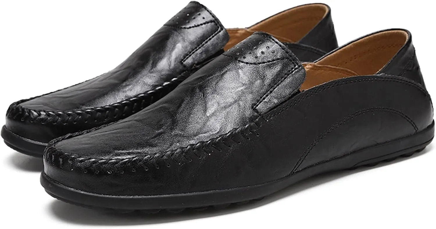 Men's Loafers Vegan Leather Stitching Details Round Toe Breathable Anti-Slip Flat Heel Resistant Party Slip On