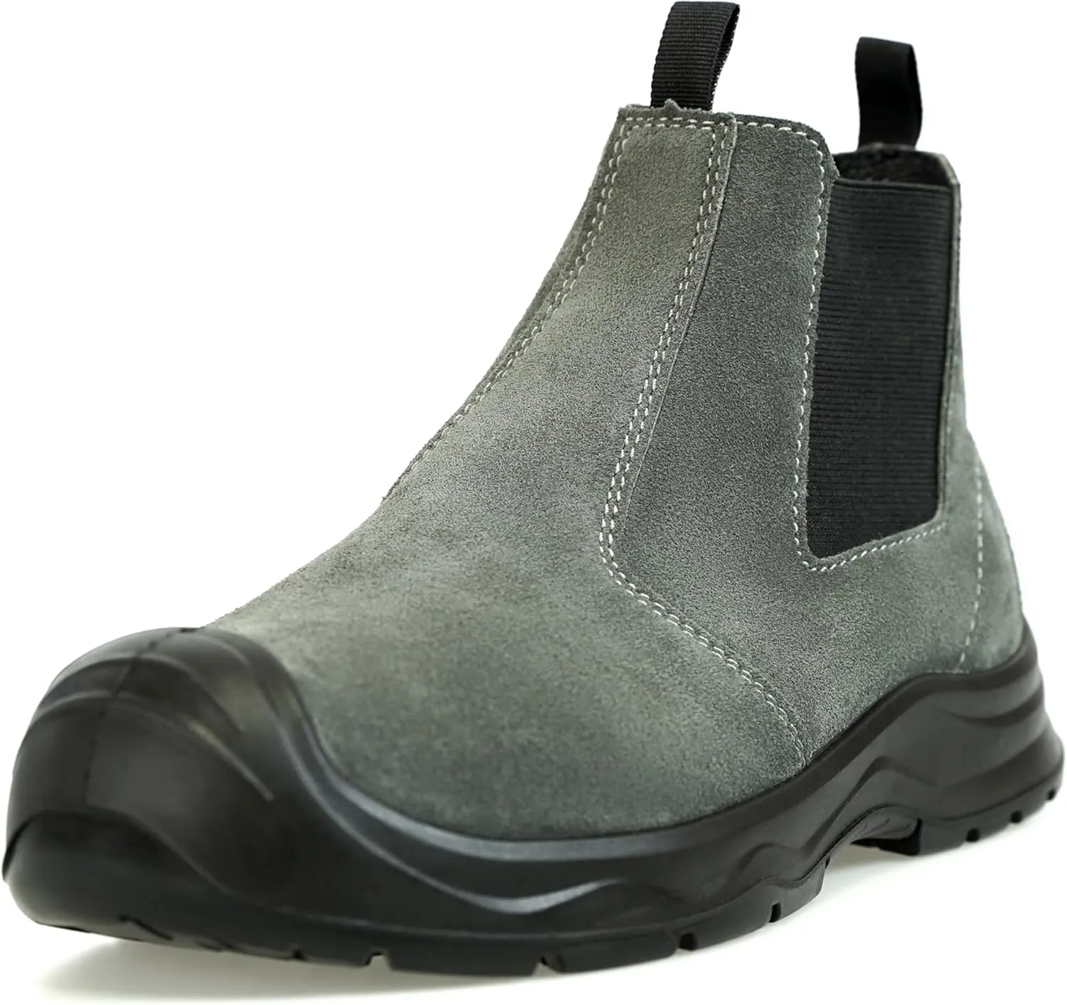 Mens Womens 6in Mid-top Steel Toe Work Boots, Slip-On Chelsea Style, Tumbled Leather Uppers, Non-Slip Outsoles, Toe Protection, No Lace (Gray)
