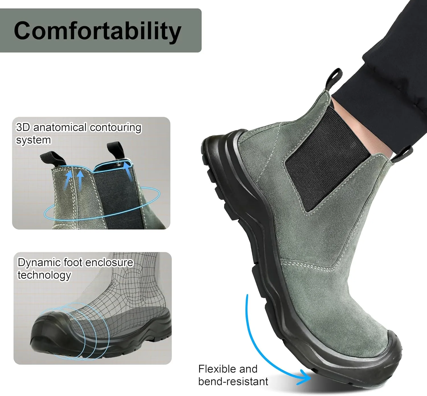 Mens Womens 6in Mid-top Steel Toe Work Boots, Slip-On Chelsea Style, Tumbled Leather Uppers, Non-Slip Outsoles, Toe Protection, No Lace (Gray)
