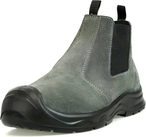 Mens Womens 6in Mid-top Steel Toe Work Boots, Slip-On Chelsea Style, Tumbled Leather Uppers, Non-Slip Outsoles, Toe Protection, No Lace (Gray)