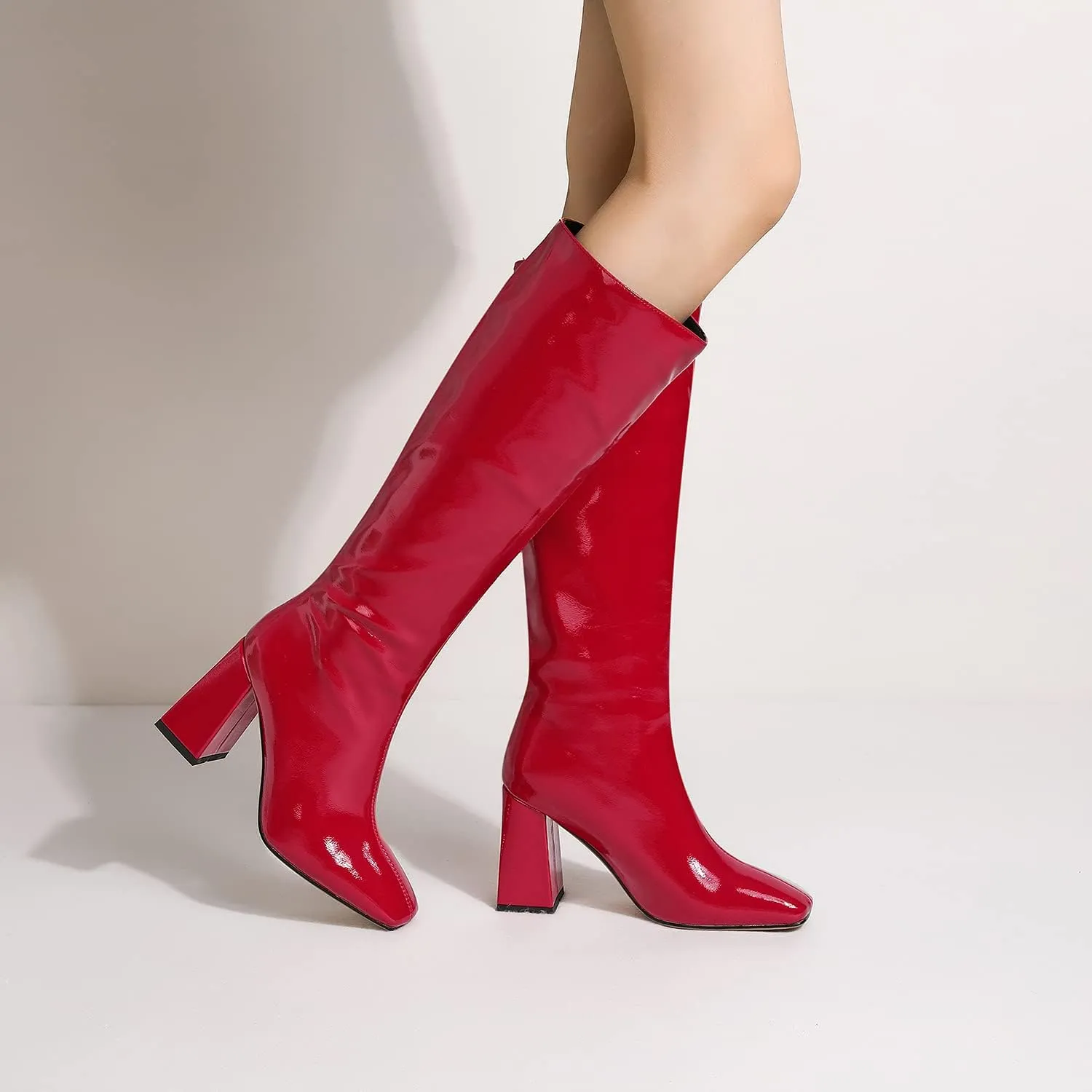MOOMMO Women High Chunky Heel Knee High Boots Square Toe 4 Inch Patent Leather Pull on Block Heel Go Go Boots Fashionable For Dress Party Dance 4-11M US