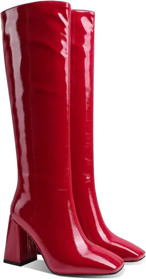 MOOMMO Women High Chunky Heel Knee High Boots Square Toe 4 Inch Patent Leather Pull on Block Heel Go Go Boots Fashionable For Dress Party Dance 4-11M US