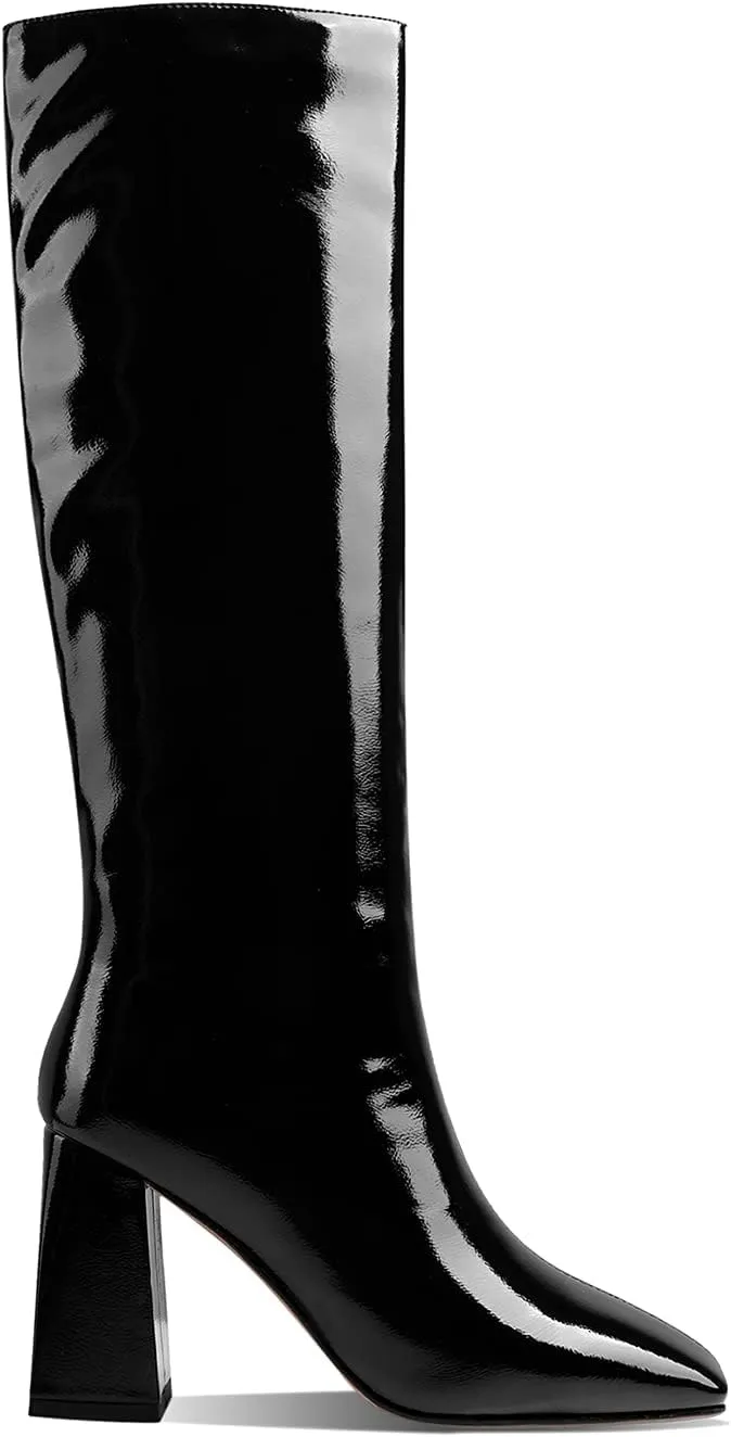 MOOMMO Women High Chunky Heel Knee High Boots Square Toe 4 Inch Patent Leather Pull on Block Heel Go Go Boots Fashionable For Dress Party Dance 4-11M US