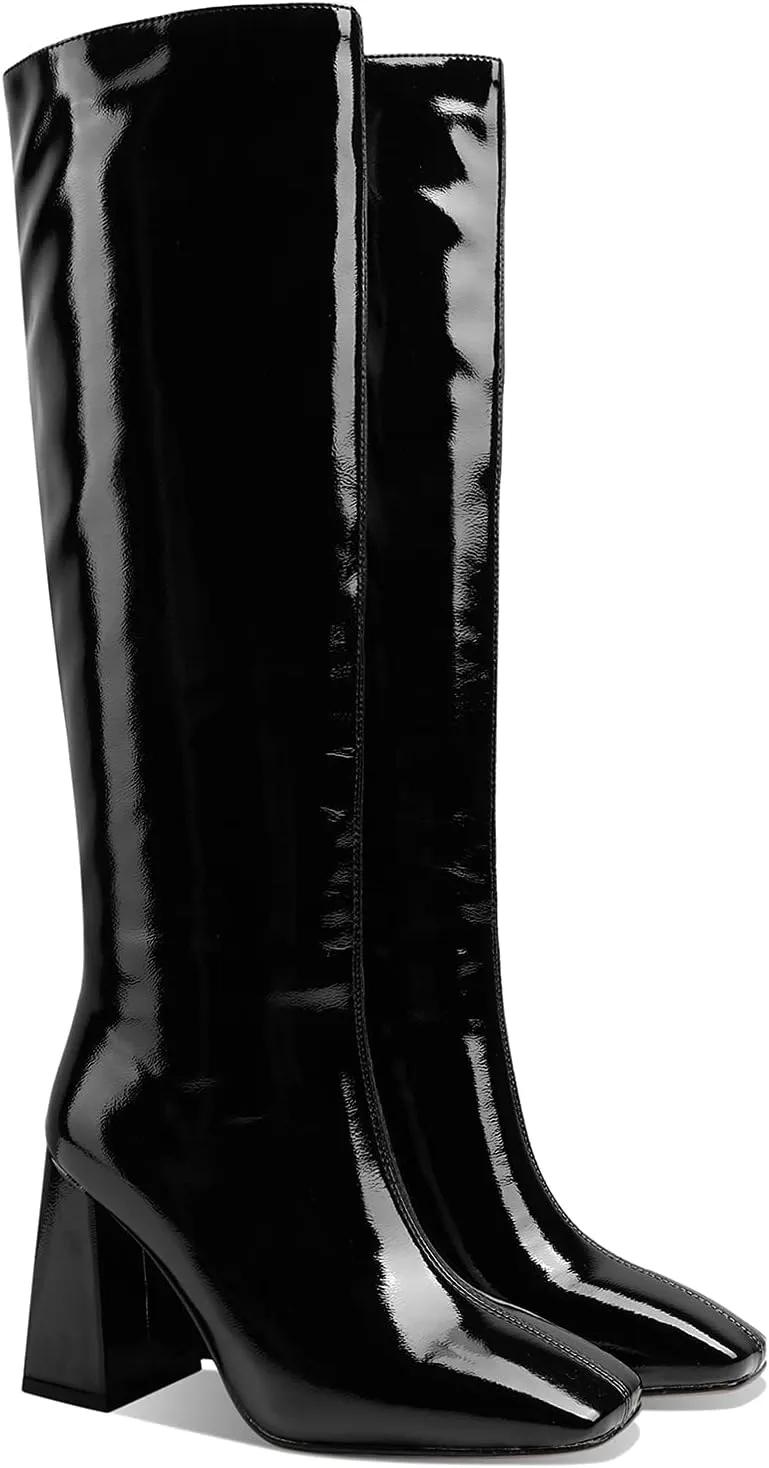 MOOMMO Women High Chunky Heel Knee High Boots Square Toe 4 Inch Patent Leather Pull on Block Heel Go Go Boots Fashionable For Dress Party Dance 4-11M US