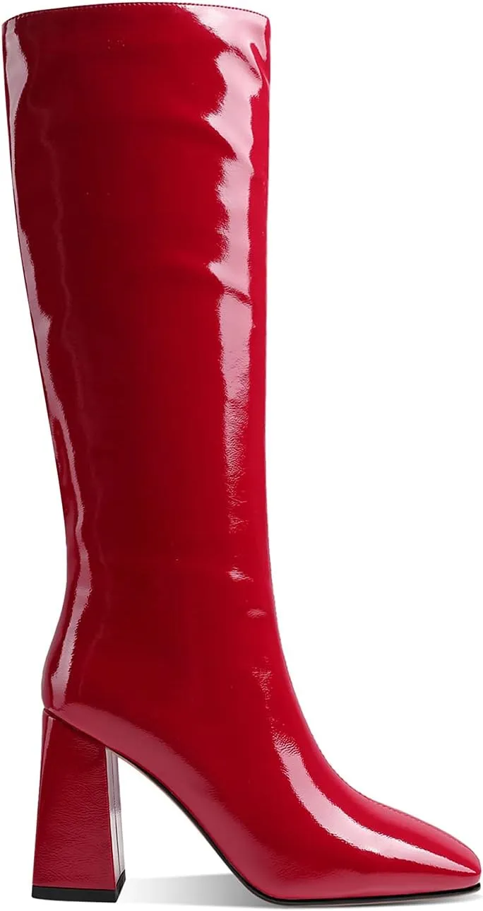 MOOMMO Women High Chunky Heel Knee High Boots Square Toe 4 Inch Patent Leather Pull on Block Heel Go Go Boots Fashionable For Dress Party Dance 4-11M US
