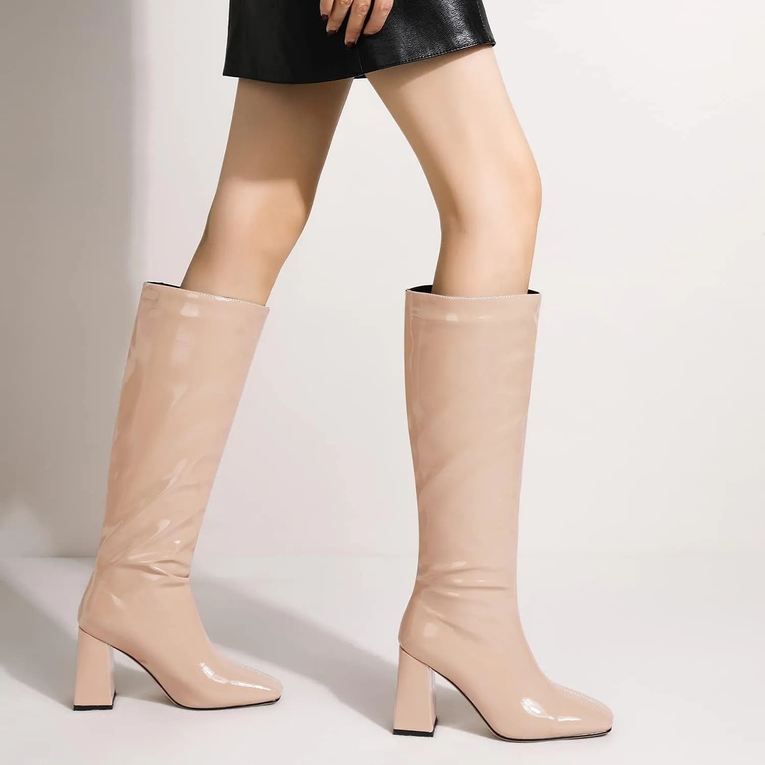 MOOMMO Women High Chunky Heel Knee High Boots Square Toe 4 Inch Patent Leather Pull on Block Heel Go Go Boots Fashionable For Dress Party Dance 4-11M US