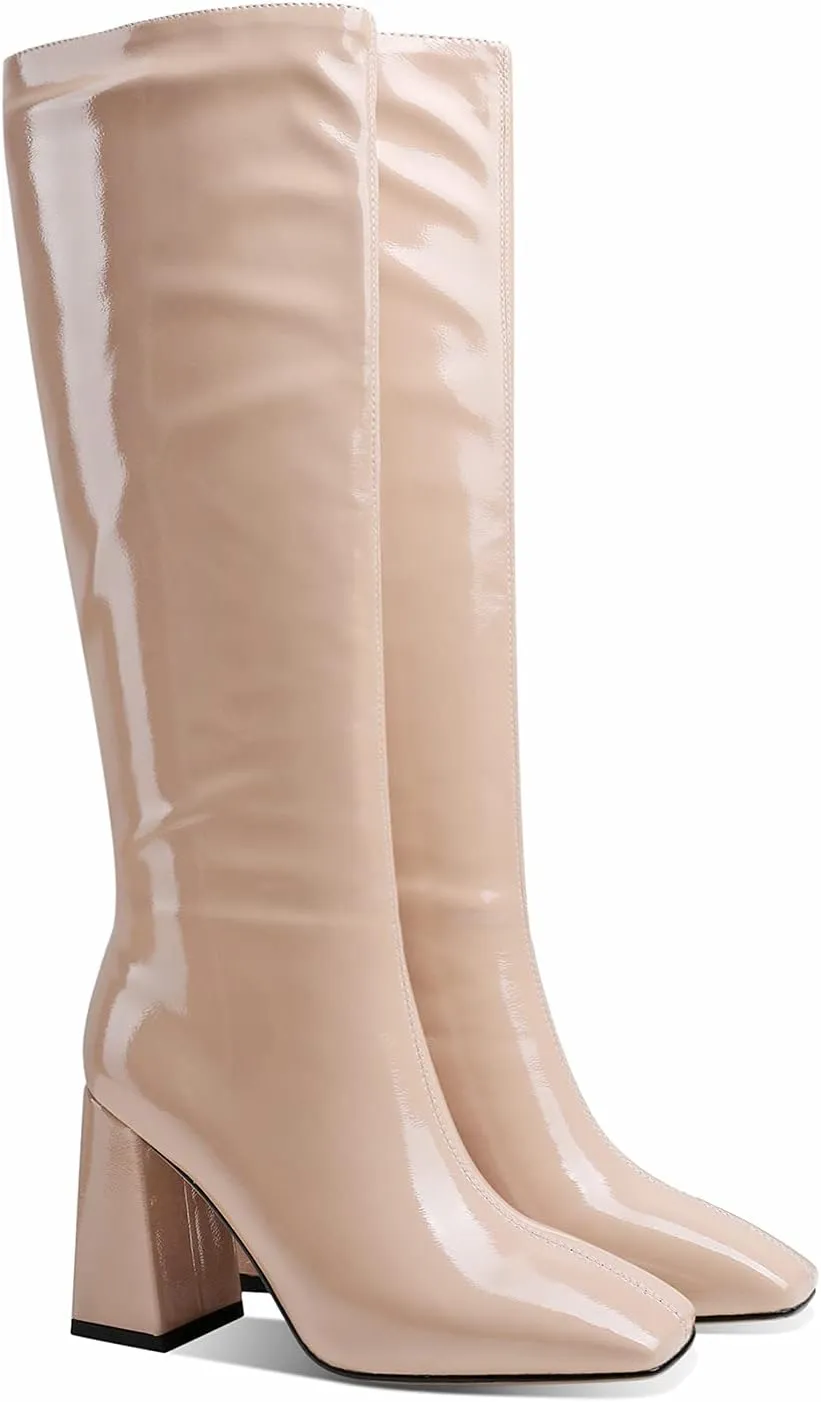 MOOMMO Women High Chunky Heel Knee High Boots Square Toe 4 Inch Patent Leather Pull on Block Heel Go Go Boots Fashionable For Dress Party Dance 4-11M US