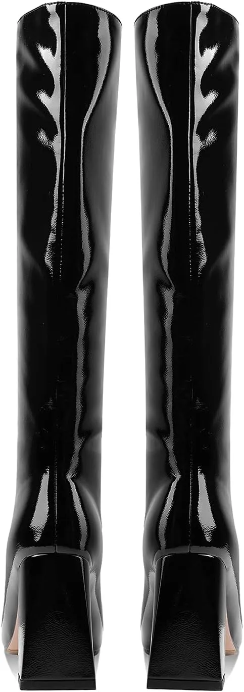MOOMMO Women High Chunky Heel Knee High Boots Square Toe 4 Inch Patent Leather Pull on Block Heel Go Go Boots Fashionable For Dress Party Dance 4-11M US