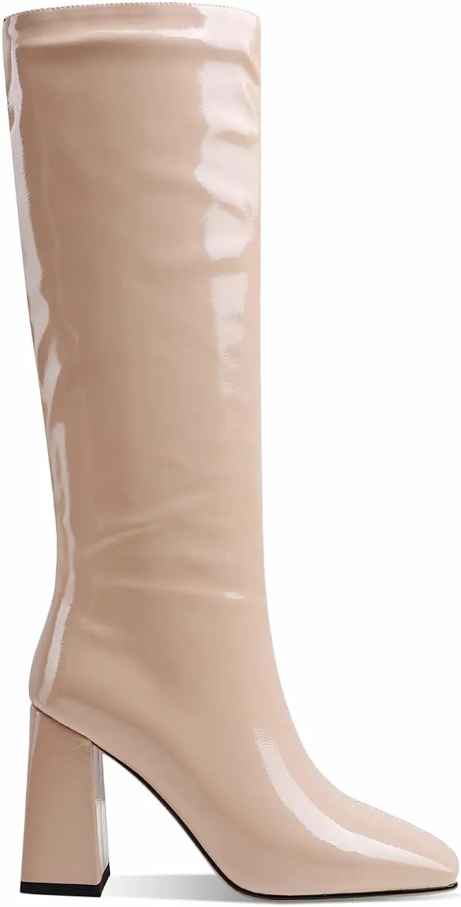 MOOMMO Women High Chunky Heel Knee High Boots Square Toe 4 Inch Patent Leather Pull on Block Heel Go Go Boots Fashionable For Dress Party Dance 4-11M US