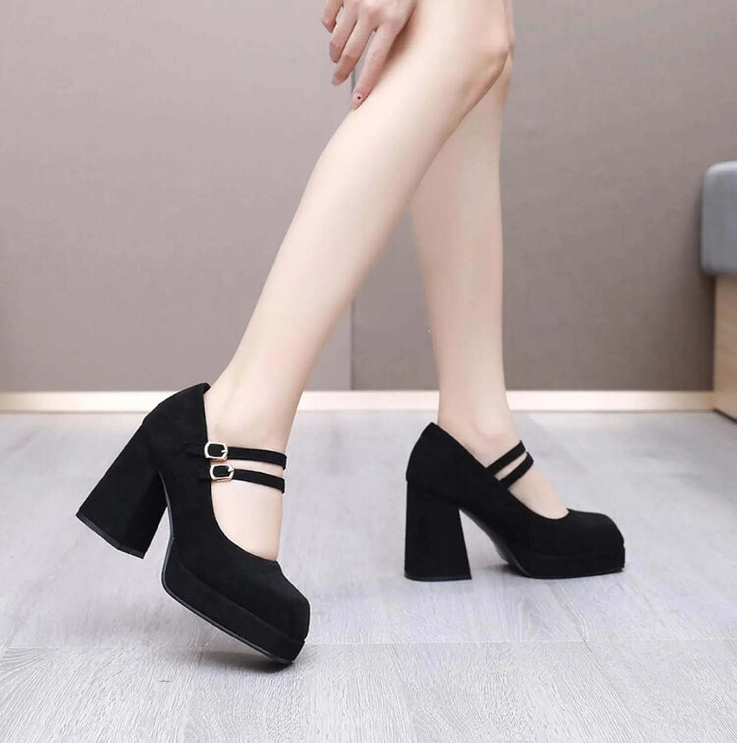 Myallfeet Women's Square Toe Thick Heels Mary Jane Shoes Fashionable Double Buckle Suede Formal High Heels Leather High-Heeled Dress Shoes
