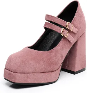 Myallfeet Women's Square Toe Thick Heels Mary Jane Shoes Fashionable Double Buckle Suede Formal High Heels Leather High-Heeled Dress Shoes