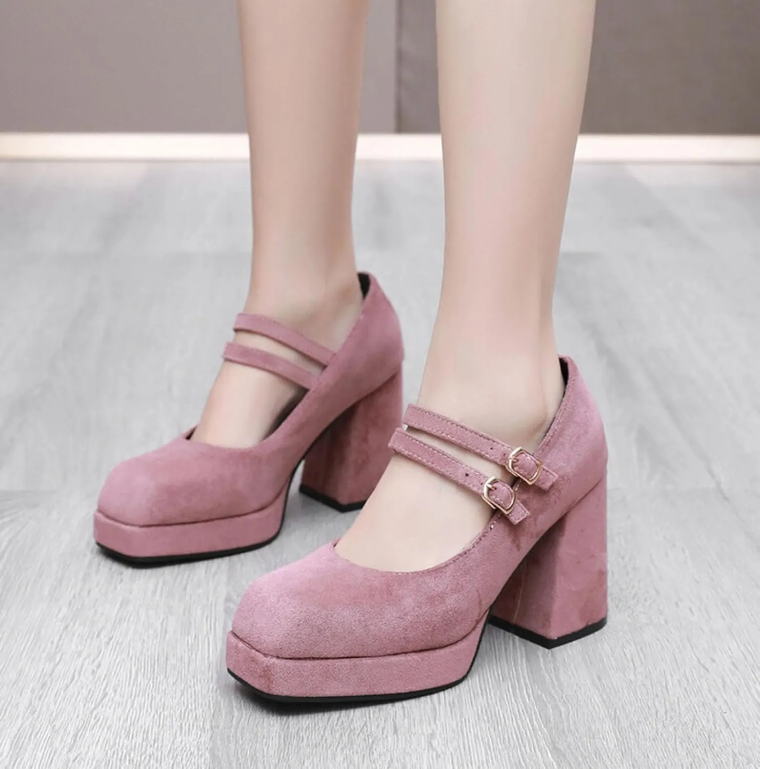 Myallfeet Women's Square Toe Thick Heels Mary Jane Shoes Fashionable Double Buckle Suede Formal High Heels Leather High-Heeled Dress Shoes