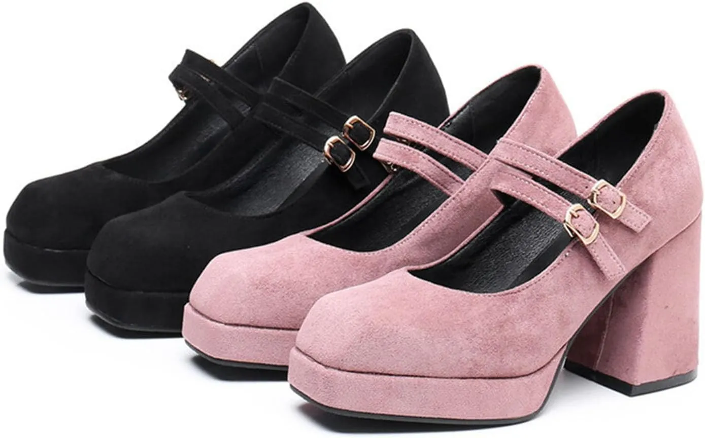 Myallfeet Women's Square Toe Thick Heels Mary Jane Shoes Fashionable Double Buckle Suede Formal High Heels Leather High-Heeled Dress Shoes