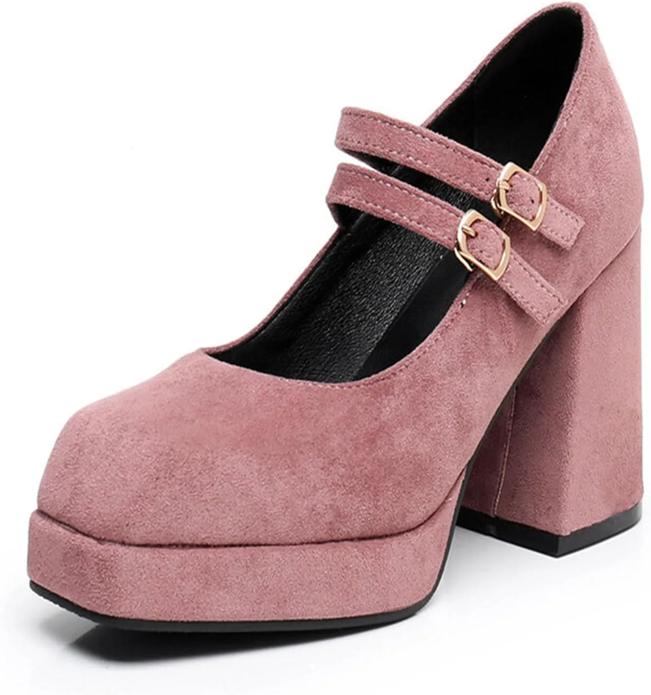 Myallfeet Women's Square Toe Thick Heels Mary Jane Shoes Fashionable Double Buckle Suede Formal High Heels Leather High-Heeled Dress Shoes