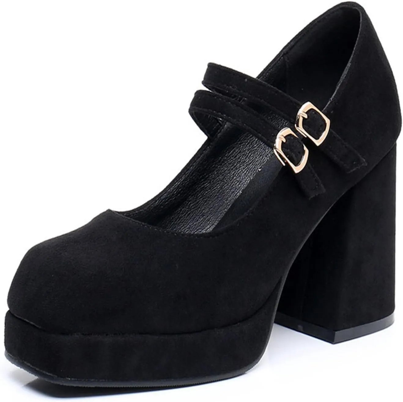 Myallfeet Women's Square Toe Thick Heels Mary Jane Shoes Fashionable Double Buckle Suede Formal High Heels Leather High-Heeled Dress Shoes
