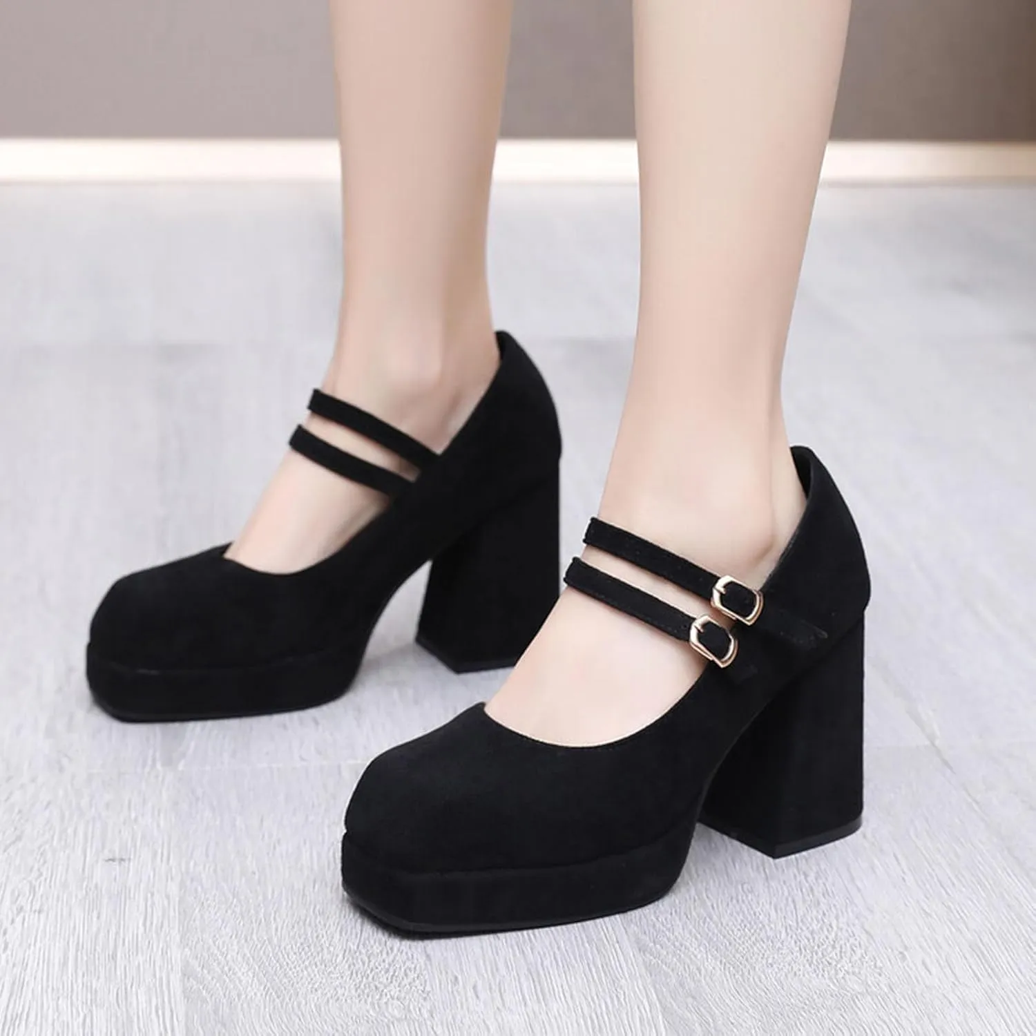Myallfeet Women's Square Toe Thick Heels Mary Jane Shoes Fashionable Double Buckle Suede Formal High Heels Leather High-Heeled Dress Shoes