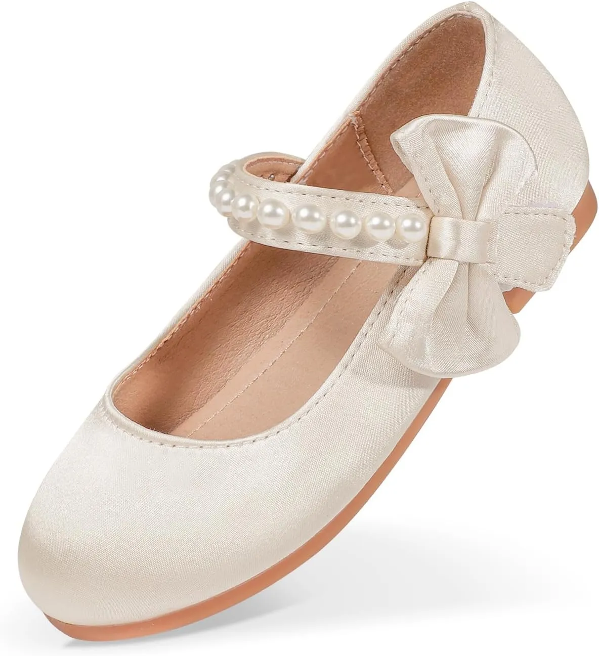 Toddler Flower Girls Shoes, Mary Jane Wedding Party Shoes for Little Girls | Satin Fabric with Pearl Accents, Adjustable Velcro Straps & Side Bow