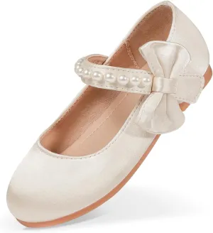 Toddler Flower Girls Shoes, Mary Jane Wedding Party Shoes for Little Girls | Satin Fabric with Pearl Accents, Adjustable Velcro Straps & Side Bow