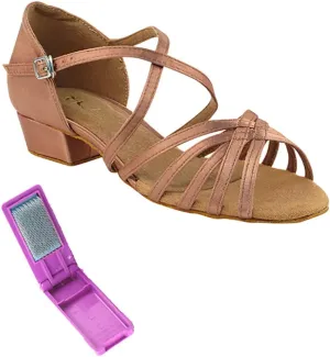 Very Fine Dance Shoes - Ladies Practice, Cuban Low Heel, Waltz, Wedding Dance Shoes - 1670FT - 1-inch Heel and Foldable Brush Bundle - Tan Satin - 8