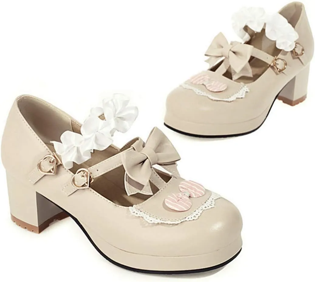 VOKLIN Women's Girls Lolita Mary Jane Pumps Sweet Bow Ruffle Ankle Strap Platform Mid Heel Oxford Dress Shoes