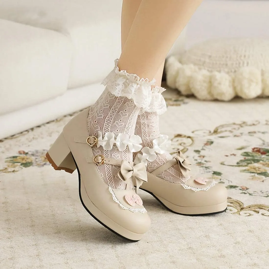 VOKLIN Women's Girls Lolita Mary Jane Pumps Sweet Bow Ruffle Ankle Strap Platform Mid Heel Oxford Dress Shoes
