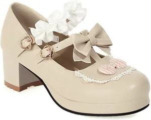VOKLIN Women's Girls Lolita Mary Jane Pumps Sweet Bow Ruffle Ankle Strap Platform Mid Heel Oxford Dress Shoes
