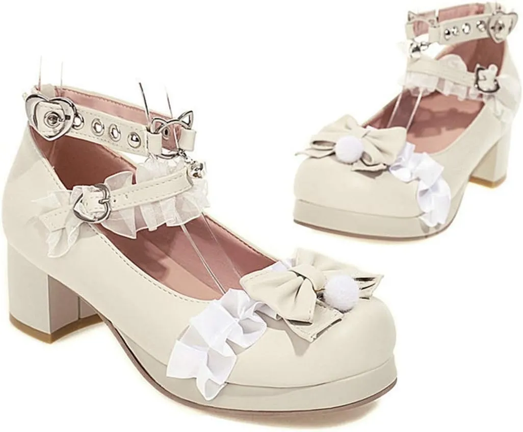 VOKLIN Women's Girls Lolita Mary Jane Shoes Sweet Bow Lace Ankle Strap Mid Heel Cosplay Oxford Dress Pumps