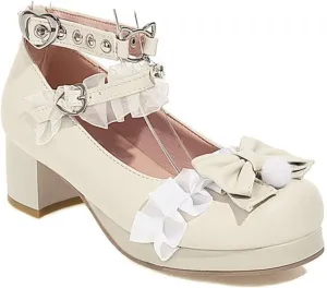 VOKLIN Women's Girls Lolita Mary Jane Shoes Sweet Bow Lace Ankle Strap Mid Heel Cosplay Oxford Dress Pumps