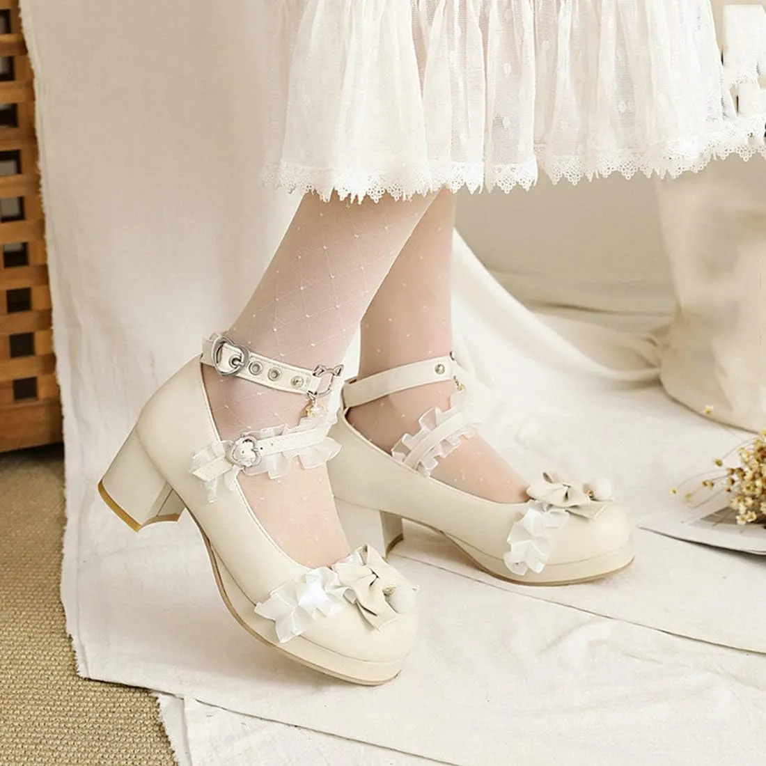 VOKLIN Women's Girls Lolita Mary Jane Shoes Sweet Bow Lace Ankle Strap Mid Heel Cosplay Oxford Dress Pumps