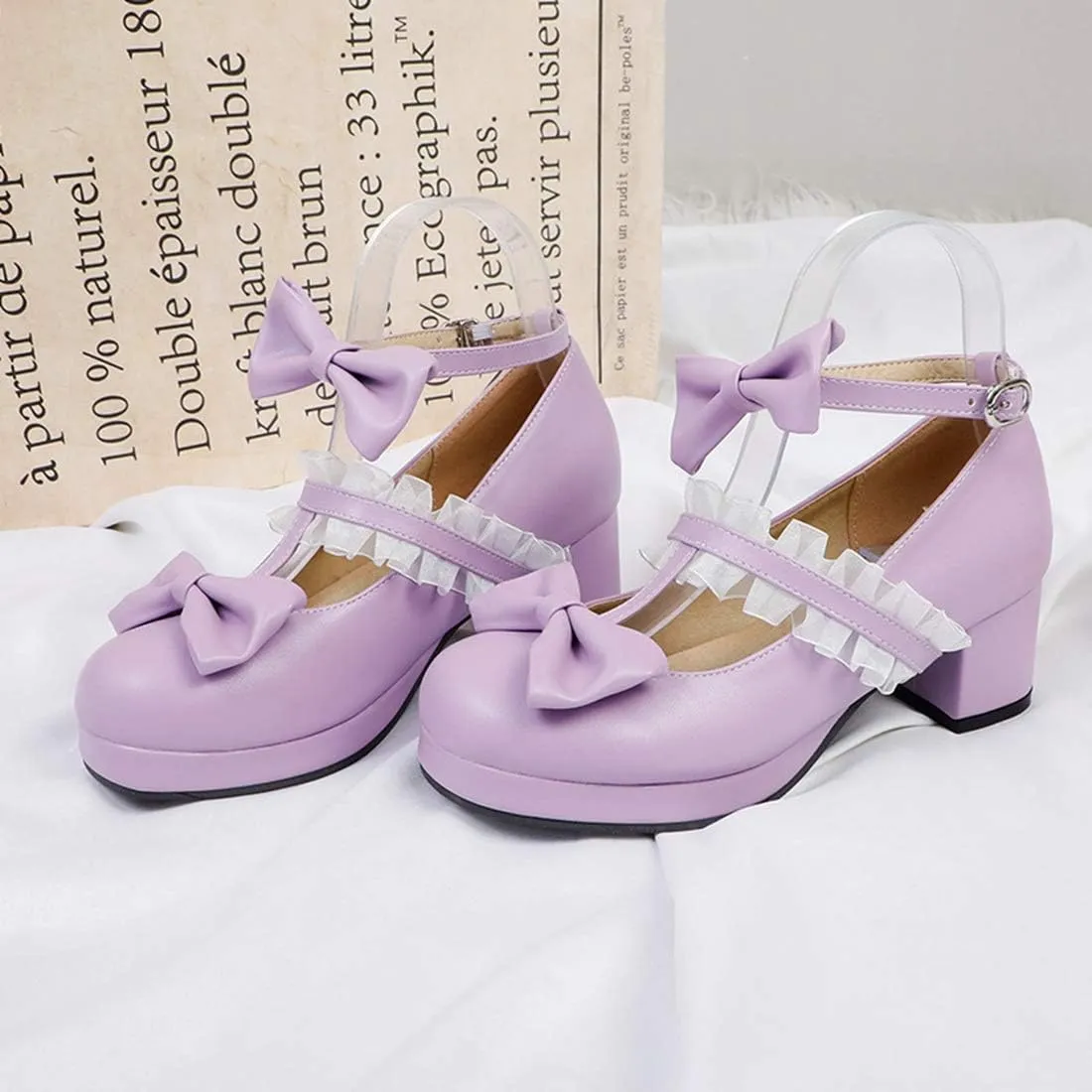 VOKLIN Women's Girls Sweet Bow Lolita Mary Janes Pumps Ankle Strap Platform Block Mid Heel Oxford Dress Shoes