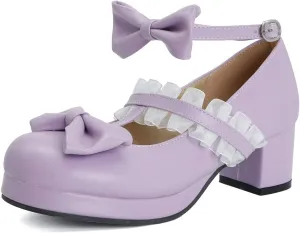 VOKLIN Women's Girls Sweet Bow Lolita Mary Janes Pumps Ankle Strap Platform Block Mid Heel Oxford Dress Shoes