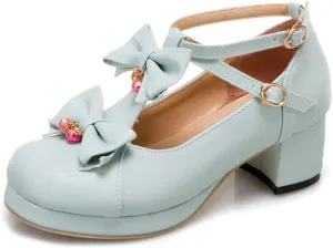 VOKLIN Women's Girls Sweet Bow Lolita Mary Janes Pumps T-Strap Platform Block Mid Heels Oxford Dress Shoes