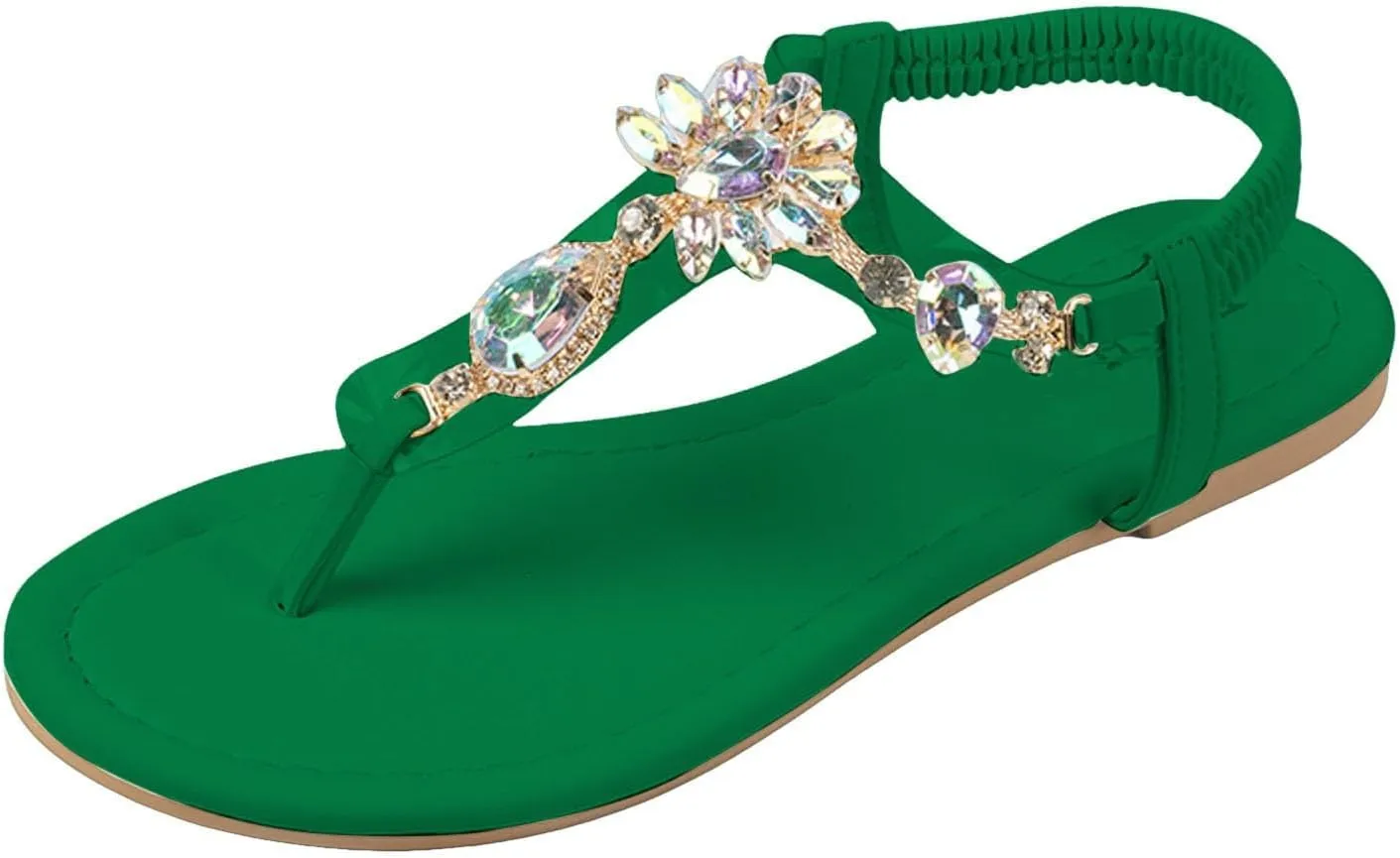 Walking Sandals Women, Flat Sandals Elastic Strappy Thong Ankle Strap Summer Dress Beach Gladiator Sandals with Slingback Rhinestone Bohemian Flat Sandals Dressy Casual Summer Sandals