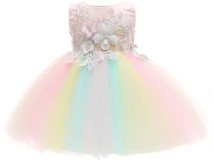 Weileenice Baby Girls Wedding Dress Rainbow Tulle 3D Embroidery Princess Tutu Dresses