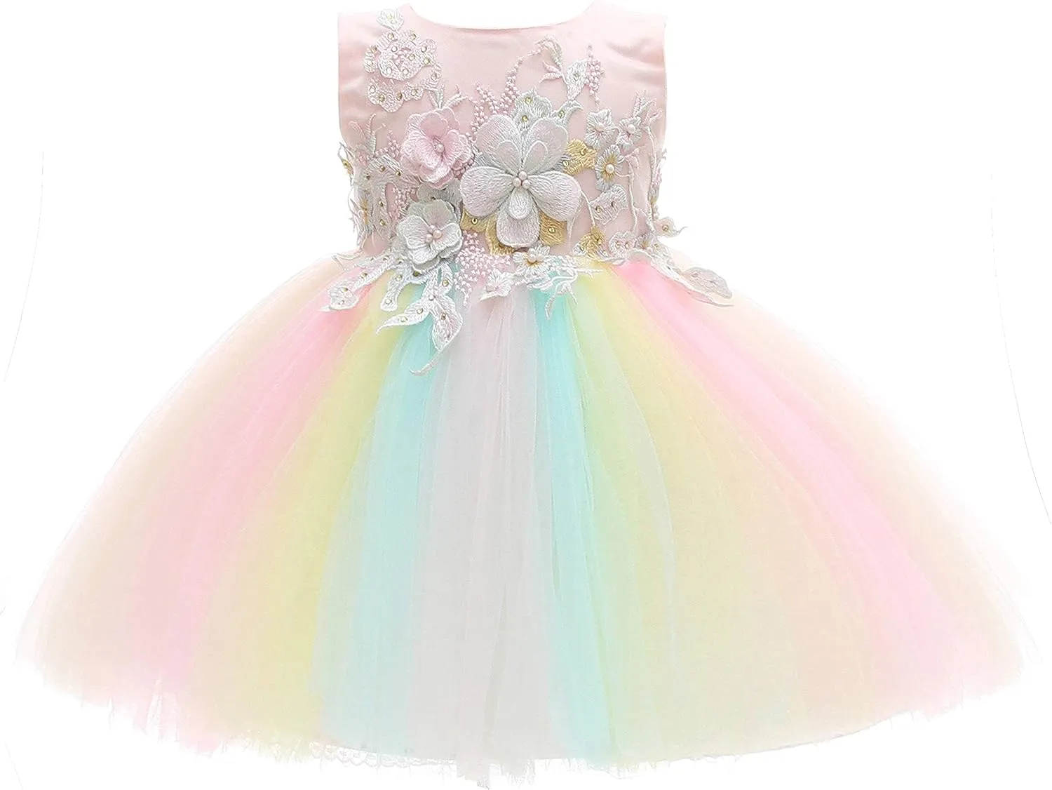 Weileenice Baby Girls Wedding Dress Rainbow Tulle 3D Embroidery Princess Tutu Dresses
