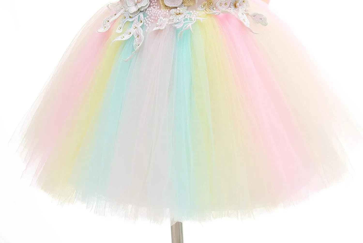 Weileenice Baby Girls Wedding Dress Rainbow Tulle 3D Embroidery Princess Tutu Dresses