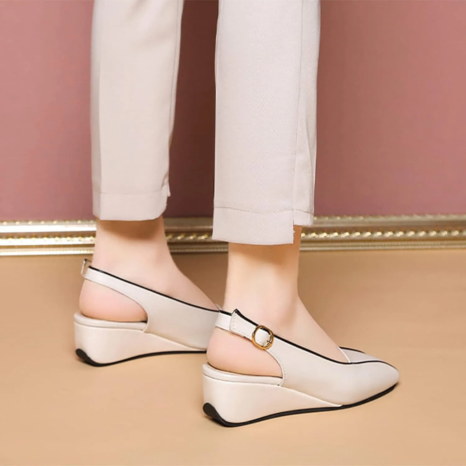 WENOREG Women's Square Toe Closed Toe Wedge Sandals,Summer Comfort Slingback Heels Adjustable Ankle Strap Buckle Outdoor Platform Party Dress Shoes High Heel Sandals