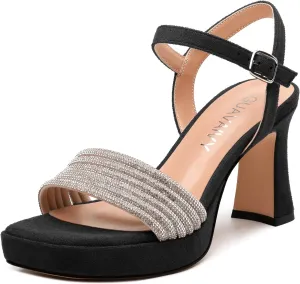 Women's Chunky Heel Platform Sandals - Square Toe Open Slingback with Rhinestone-Embellished Strap, Solid Color Dress Shoes for Weddings, Parties, Daily