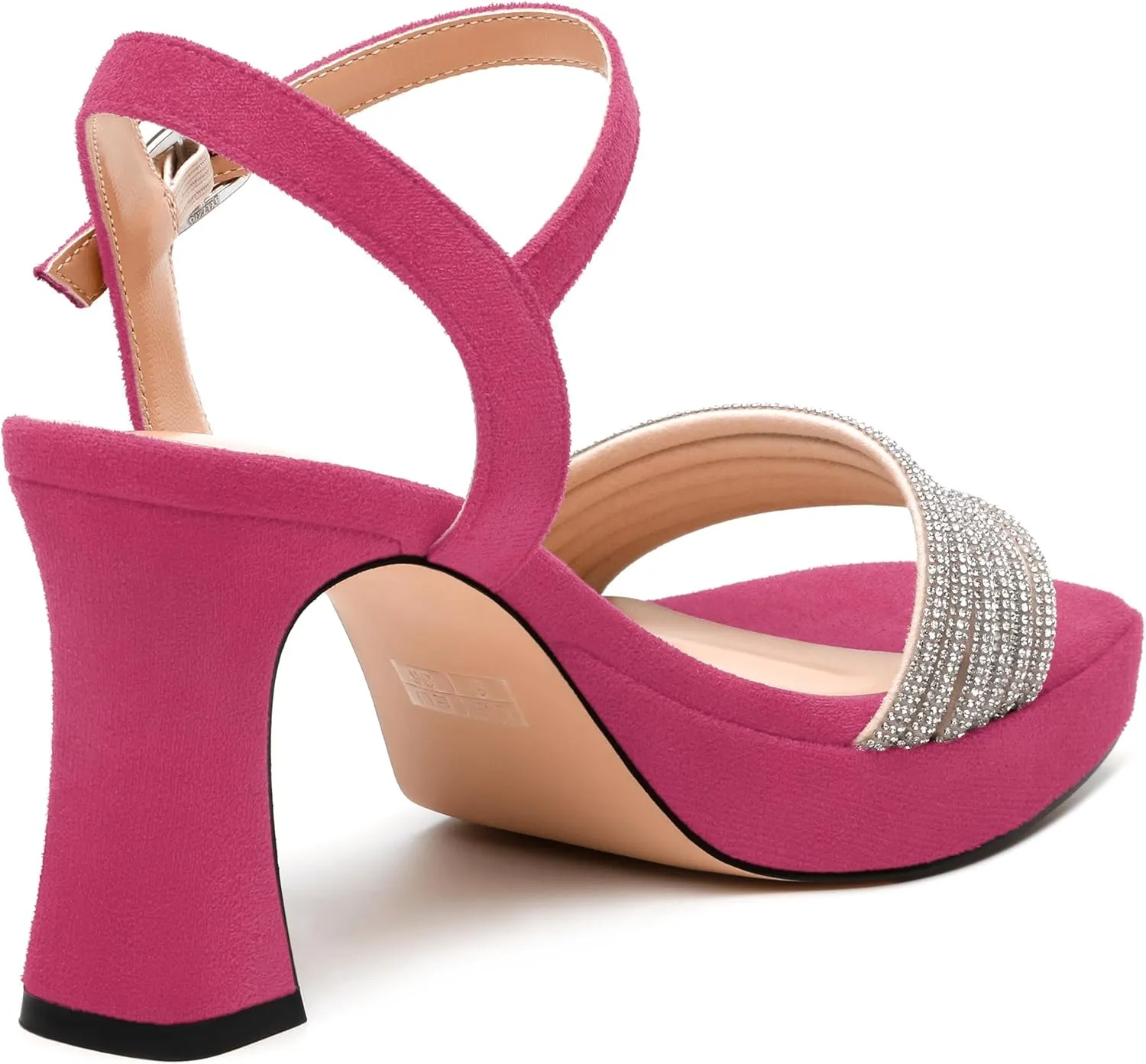 Women's Chunky Heel Platform Sandals - Square Toe Open Slingback with Rhinestone-Embellished Strap, Solid Color Dress Shoes for Weddings, Parties, Daily