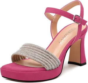 Women's Chunky Heel Platform Sandals - Square Toe Open Slingback with Rhinestone-Embellished Strap, Solid Color Dress Shoes for Weddings, Parties, Daily