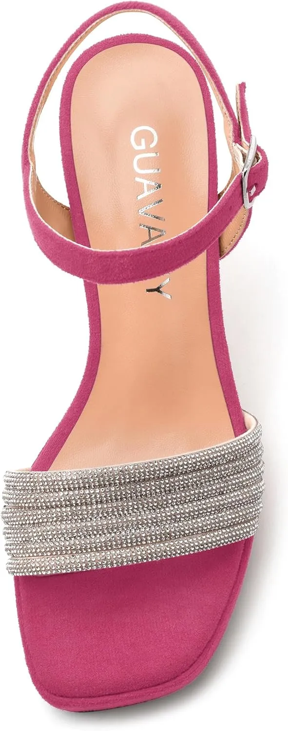 Women's Chunky Heel Platform Sandals - Square Toe Open Slingback with Rhinestone-Embellished Strap, Solid Color Dress Shoes for Weddings, Parties, Daily